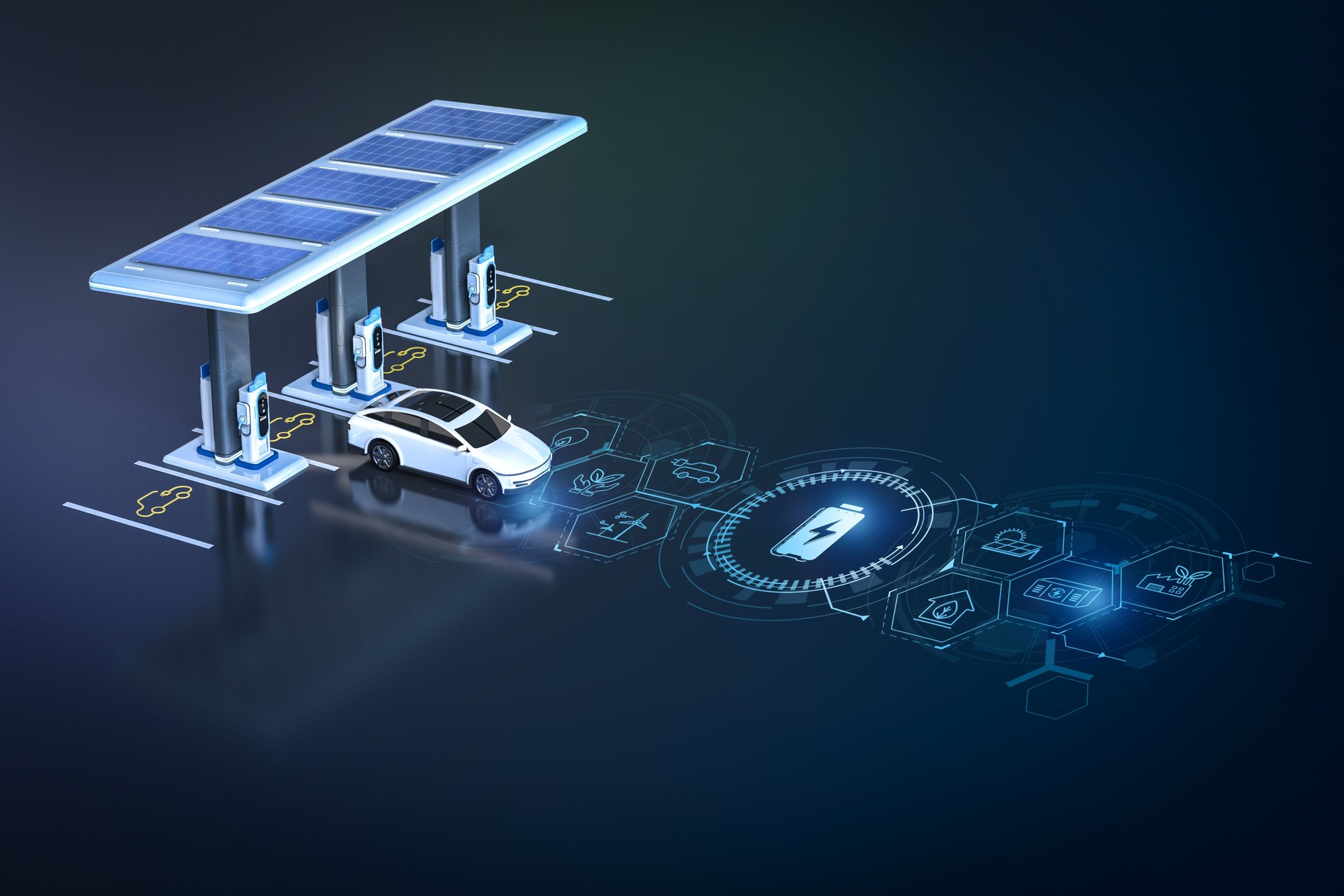 ev charging stations or electric vehicle recharging stations with digital graphic display